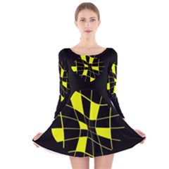 Yellow Abstract Flower Long Sleeve Velvet Skater Dress by Valentinaart