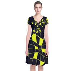 Yellow Abstract Flower Short Sleeve Front Wrap Dress