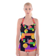 Colorful Abstraction Boyleg Halter Swimsuit 