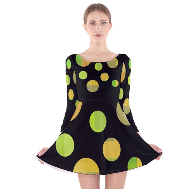 Green abstract circles Long Sleeve Velvet Skater Dress