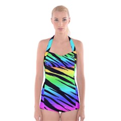 Rainbow Tiger Boyleg Halter Swimsuit  by ArtistRoseanneJones