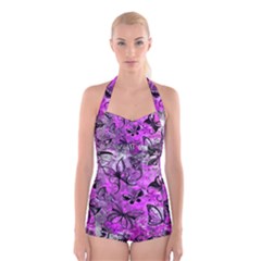 Butterfly Graffiti Boyleg Halter Swimsuit 