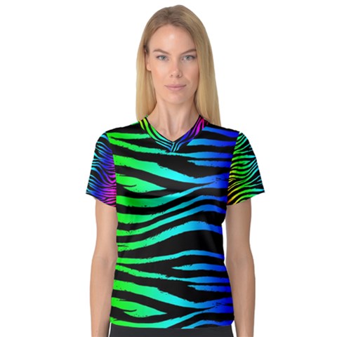 Rainbow Zebra Women s V-neck Sport Mesh Tee by ArtistRoseanneJones