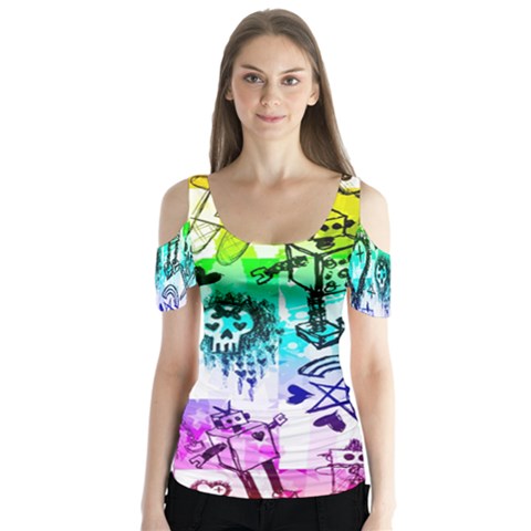 Rainbow Scene Kid Sketches Butterfly Sleeve Cutout Tee  by ArtistRoseanneJones