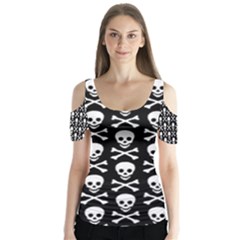 Skull And Crossbones Pattern Butterfly Sleeve Cutout Tee 