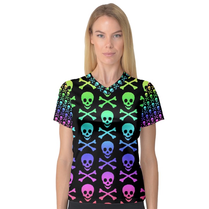 Rainbow Skull and Crossbones Pattern Women s V-Neck Sport Mesh Tee