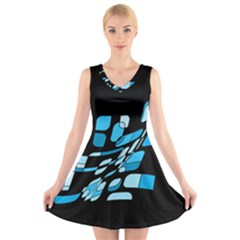 Blue Abstraction V-neck Sleeveless Skater Dress