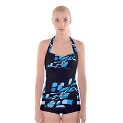 Blue Abstraction Boyleg Halter Swimsuit 