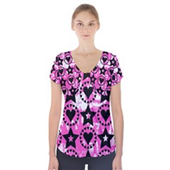 Star And Heart Pattern Short Sleeve Front Detail Top