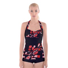 Orange Abstraction Boyleg Halter Swimsuit 