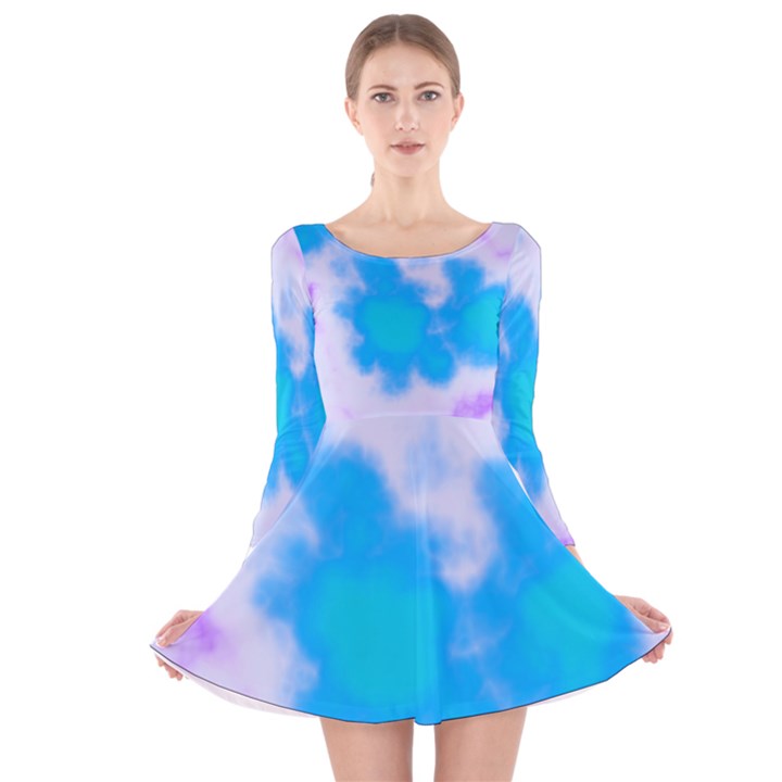 Blue And Purple Clouds Long Sleeve Velvet Skater Dress