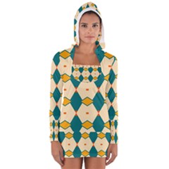 Blue Yellow Rhombus Pattern                                                                                 Women s Long Sleeve Hooded T-shirt