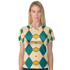 Blue Yellow Rhombus Pattern                                                                                 Women s V-neck Sport Mesh Tee