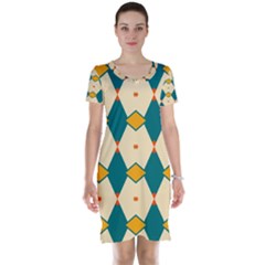 Blue Yellow Rhombus Pattern                                                                                 Short Sleeve Nightdress