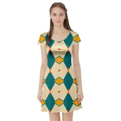 Blue Yellow Rhombus Pattern                                                                                 Short Sleeve Skater Dress