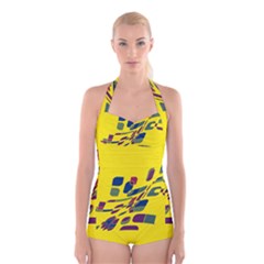 Yellow Abstraction Boyleg Halter Swimsuit 