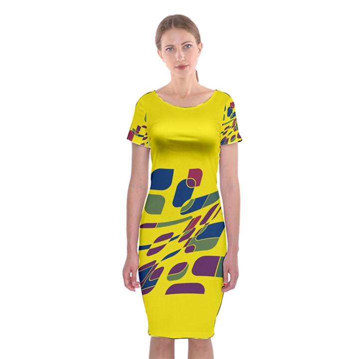 Yellow abstraction Classic Short Sleeve Midi Dress