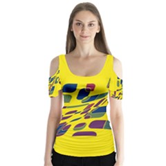 Yellow Abstraction Butterfly Sleeve Cutout Tee 