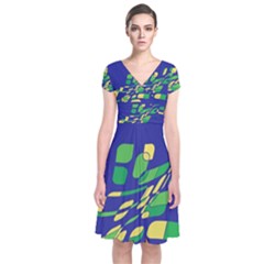 Blue Abstraction Short Sleeve Front Wrap Dress by Valentinaart