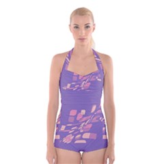 Purple Abstraction Boyleg Halter Swimsuit 