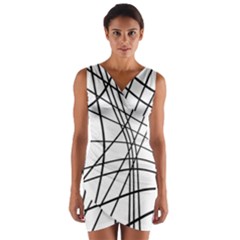 Black And White Decorative Lines Wrap Front Bodycon Dress