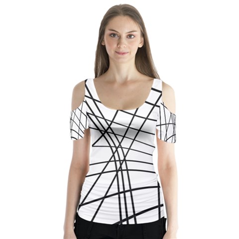 Black And White Decorative Lines Butterfly Sleeve Cutout Tee  by Valentinaart