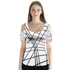 Black And White Decorative Lines Butterfly Sleeve Cutout Tee 