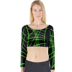 Green Neon Abstraction Long Sleeve Crop Top by Valentinaart