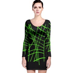 Green Neon Abstraction Long Sleeve Velvet Bodycon Dress by Valentinaart