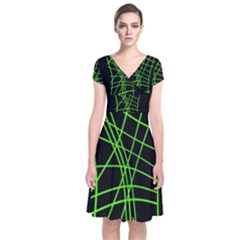 Green Neon Abstraction Short Sleeve Front Wrap Dress by Valentinaart