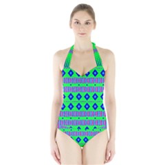 Rhombus And Stripes                                                                                   Women s Halter One Piece Swimsuit by LalyLauraFLM