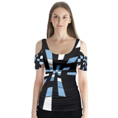 Blue Abstraction Butterfly Sleeve Cutout Tee 