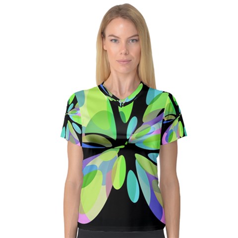 Green Abstract Flower Women s V-neck Sport Mesh Tee by Valentinaart