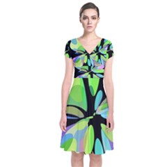 Green Abstract Flower Short Sleeve Front Wrap Dress by Valentinaart