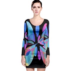 Blue Abstract Flower Long Sleeve Bodycon Dress by Valentinaart