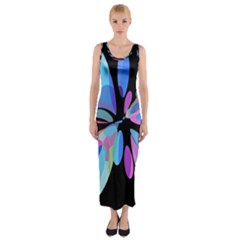 Blue Abstract Flower Fitted Maxi Dress