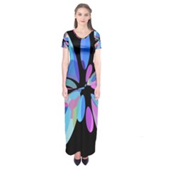 Blue Abstract Flower Short Sleeve Maxi Dress