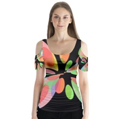 Colorful Abstract Flower Butterfly Sleeve Cutout Tee 