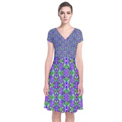 Pretty Purple Flowers Pattern Short Sleeve Front Wrap Dress