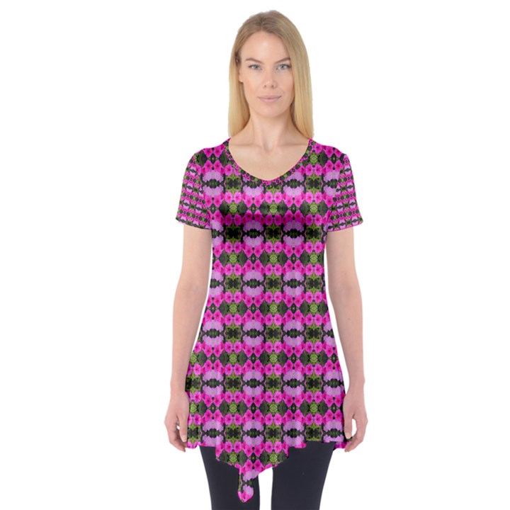 Pretty Pink Flower Pattern Short Sleeve Tunic 