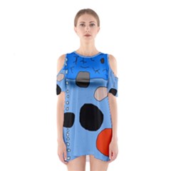 Blue Abstraction Cutout Shoulder Dress