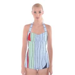 Decorative lines Boyleg Halter Swimsuit 