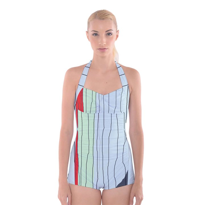 Decorative lines Boyleg Halter Swimsuit 