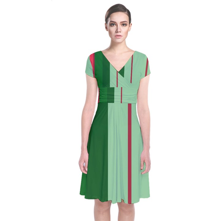 Green and red design Short Sleeve Front Wrap Dress