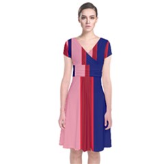 Pink and blue lines Short Sleeve Front Wrap Dress