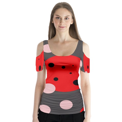 Red And Pink Dots Butterfly Sleeve Cutout Tee  by Valentinaart