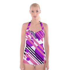 Purple Lines And Circles Boyleg Halter Swimsuit  by Valentinaart