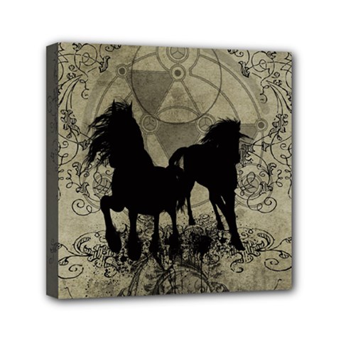 Wonderful Black Horses, With Floral Elements, Silhouette Mini Canvas 6  X 6  by FantasyWorld7