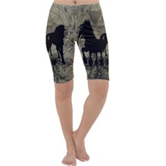 Wonderful Black Horses, With Floral Elements, Silhouette Cropped Leggings  by FantasyWorld7