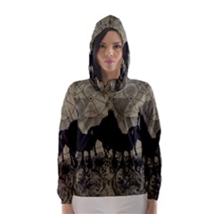 Wonderful Black Horses, With Floral Elements, Silhouette Hooded Wind Breaker (women) by FantasyWorld7